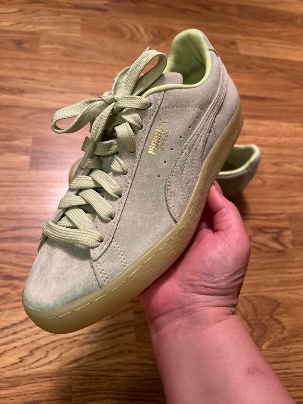 Puma Suede Platform Sneaker in Pale Green with Gum Sole